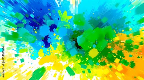 An abstract digital illustration depicting a vibrant explosion of color, primarily blues, greens, and yellows, with blurred edges and a painterly texture, using a dynamic composition.jpg photo