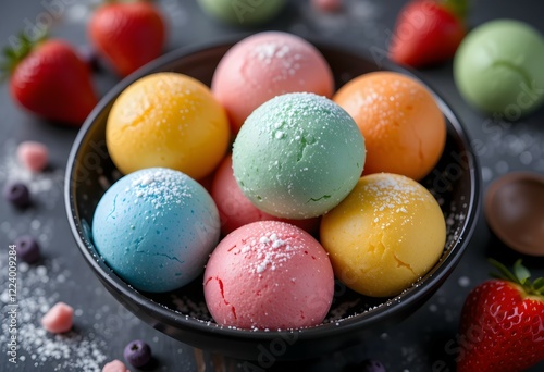 A close-up photograph showcasing a vibrant arrangement of colorful mini pancakes, resembling cereal, sprinkled with powdered sugar and served alongside fresh strawberries and blueberries,