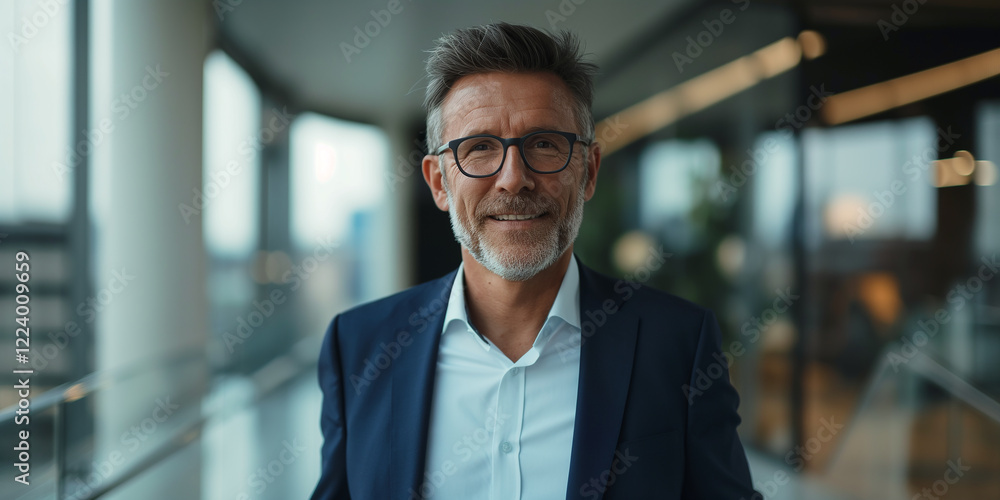 Confident mature executive in business suit smiling in modern office Confident mature executive in business suit smiling in modern office