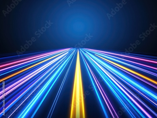 Abstract futuristic background with vibrant glowing lines in electric blue, pink, and yellow extending into the distance