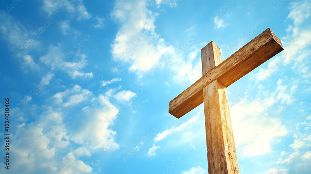 Wooden cross against vibrant blue sky symbolizing faith and spirituality in nature : Generative AI Wooden cross against vibrant blue sky symbolizing faith and spirituality in nature : Generative AI