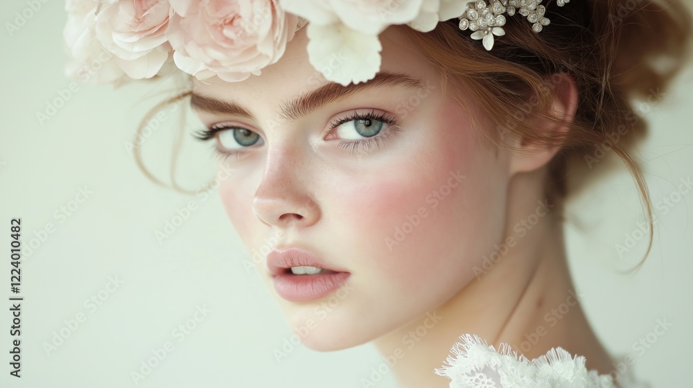 A person poses with a floral crown made of soft pink blossoms, accentuating their gentle features against a light backdrop A person poses with a floral crown made of soft pink blossoms, accentuating their gentle features against a light backdrop