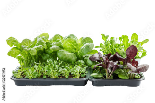 Fresh green salad seedlings in trays, showcasing a variety of lettuce. Ideal for gardening enthusiasts and healthy food advocates.