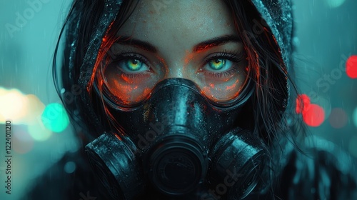 Cyberpunk Woman in Gas Mask: A Digital Art Masterpiece photo