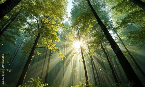 Sunbeams illuminate a misty forest path, creating a magical scene.
