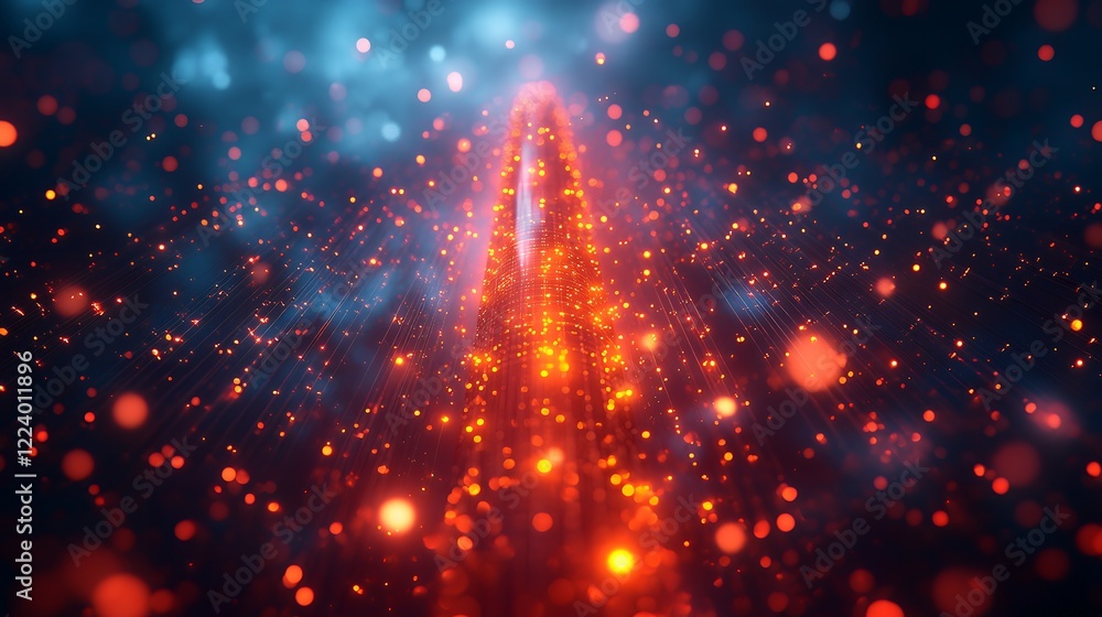 Fototapeta premium Abstract Digital Tower Glowing Red and Blue Light Trails Particle Effects Futuristic Technology