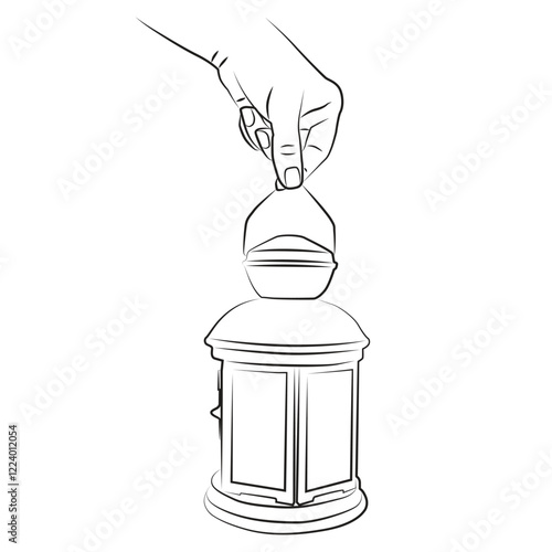 Hand holding lantern sketch, vector illustration