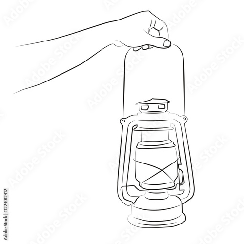 Hand holding lantern sketch, vector illustration