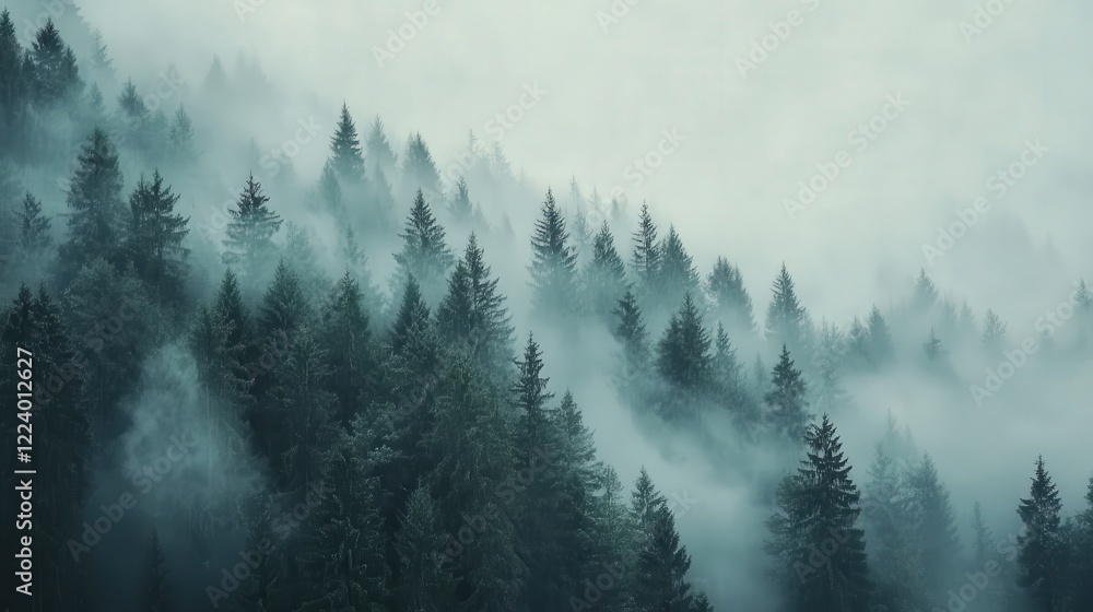 misty evergreen forest scene, capturing the tranquility of tall, lush trees veiled in a delicate mist misty evergreen forest scene, capturing the tranquility of tall, lush trees veiled in a delicate mist