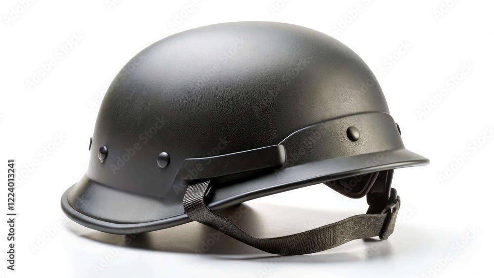 Fototapeta premium Minimalist Black Kevlar Military Helmet on White Background - Stock Photo
