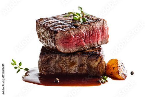 Succulent grilled steak stacked on a plate with sauce, garnished with herbs, showcasing rich textures and vibrant colors.