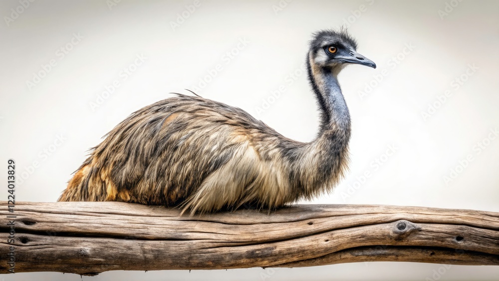 Fototapeta premium Minimalist Emu Photography: Bird Resting on Wood Branch, Isolated Background Image