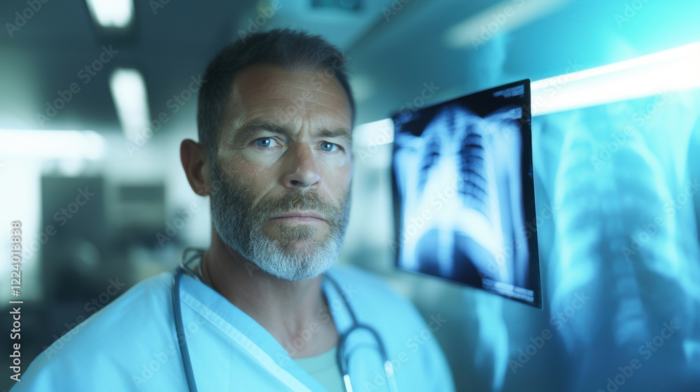 Fototapeta premium A doctor viewing an X-ray in a modern medical environment, focused on diagnosing and analyzing the results.