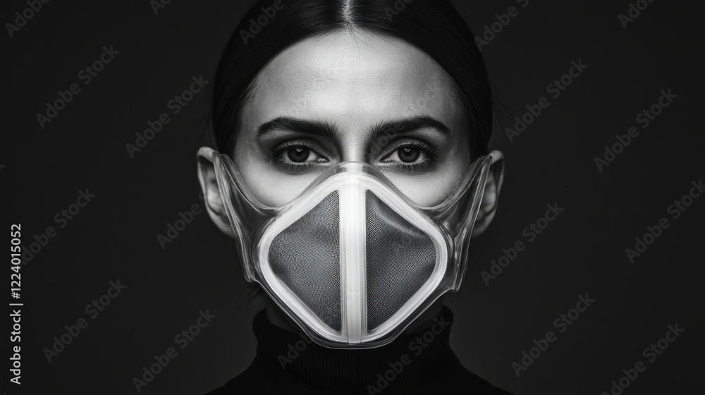 PM2.5 protect concept. Transparent Medical Face Mask with Integrated Air Filters in Monochrome Studio Setting PM2.5 protect concept. Transparent Medical Face Mask with Integrated Air Filters in Monochrome Studio Setting