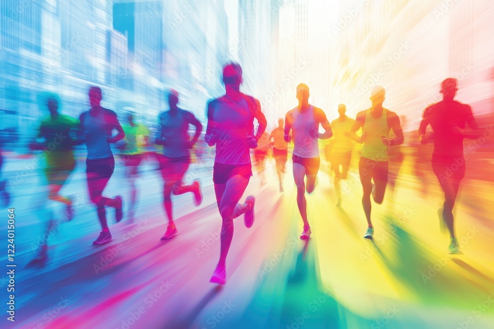 Dynamic Group of Runners in Motion during Colorful Urban Marathon Event at Sunset Dynamic Group of Runners in Motion during Colorful Urban Marathon Event at Sunset