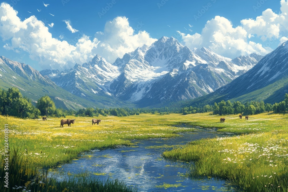 Fototapeta premium Serene Serengeti: A Majestic View of a Vast Grassland Teeming with Wild Animals Under the Open Sky