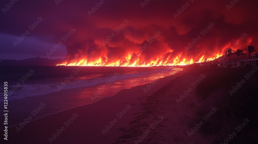 Fototapeta premium Coastal wildfire inferno at night, beach devastation, flames reflect on ocean, emergency