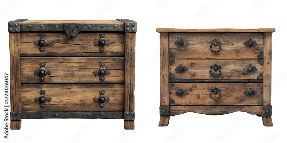 Naklejka premium Rustic Wooden Cabinets with Ornate Metal Hardware Design
