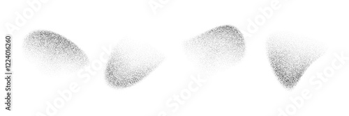 Abstract fading dotted gradient shapes. Black liquid stippled object set. Grainy spray spots and stains. Noise splashes and splatters forms. Dissolve sand dust texture. Vector halftone fluid elements