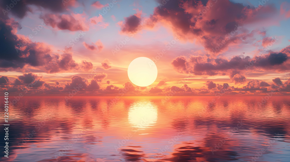 Serene sunset over calm ocean, colorful sky Serene sunset over calm ocean, colorful sky