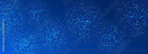 Digital technology pattern wallpaper. Glowing blue dotted circle background. Abstract dot round grid backdrop for business, science, healthcare, medicine, finance design. Vector navy texture surface