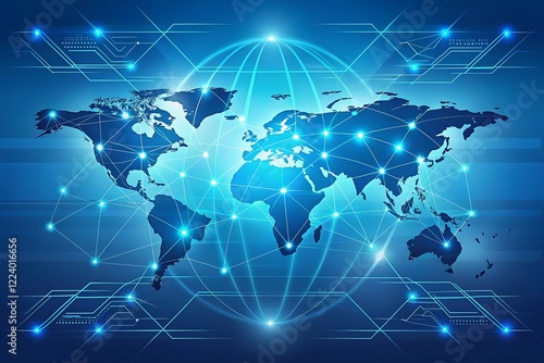 Futuristic Digital World Map with Global Connectivity Network and Glowing Globe over Blue Gradient Background