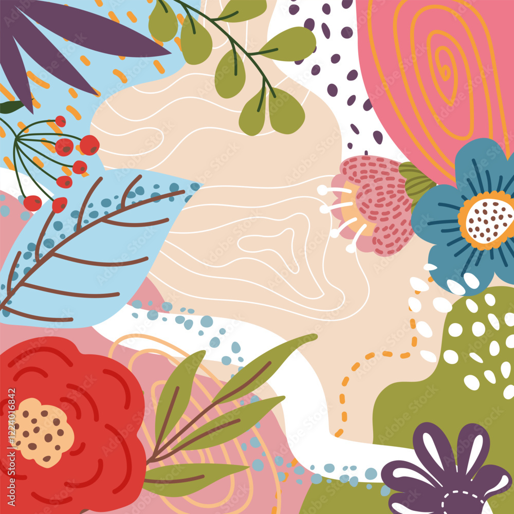 Obraz premium Abstract beautiful floral pattern with leaves and square shaped flowers on beige background. Beautiful floral composition. Unique trendy colorful colorful colorful background in neutral warm tones.