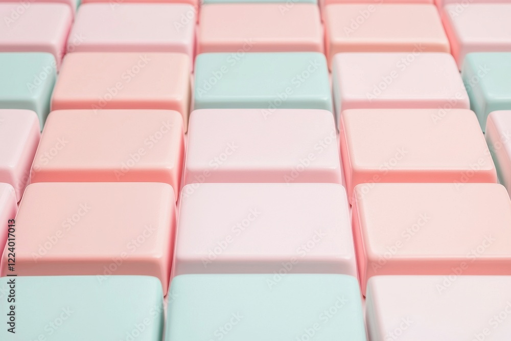 Obraz premium Geometry grid artistry concept. Colorful rectangular tiles arranged in a grid pattern, featuring pastel shades of pink, mint green, and white.