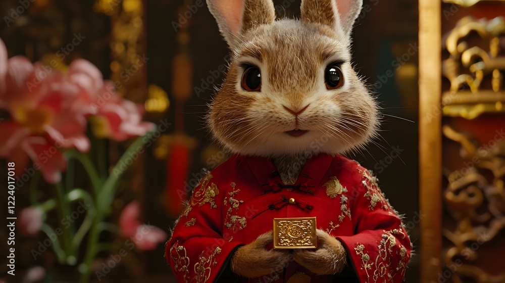 Fototapeta premium Adorable bunny wearing a traditional red Chinese jacket holding a tiny golden ingot symbolizing wealth prosperity and cultural