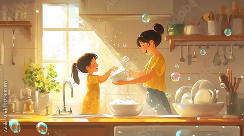 Mother and Daughter Washing Dishes Together in a Bright, Sunny Kitchen photo