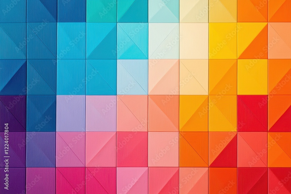 Geometry grid artistry concept. Colorful geometric tiles arranged in a vibrant gradient from blue to red, creating a dynamic and artistic pattern. Geometry grid artistry concept. Colorful geometric tiles arranged in a vibrant gradient from blue to red, creating a dynamic and artistic pattern.