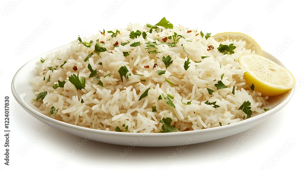 Rice with lemon slices and mint leaves on a white background Rice with lemon slices and mint leaves on a white background