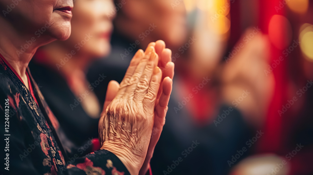 Naklejka premium Closeup of Prayerful Hands in a Dimly Lit Spiritual Gathering with Warm Lighting : Generative AI