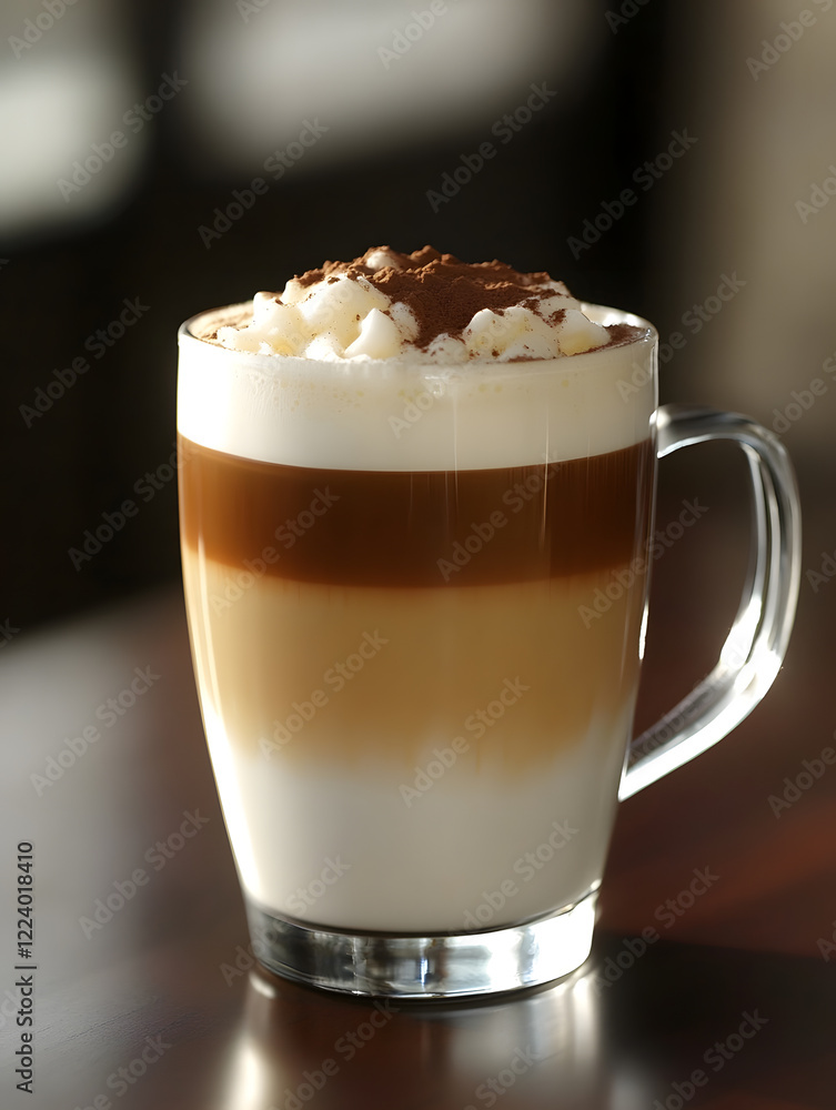 Rich Cappuccino with Fluffy Foam and Cocoa Dusting in a Glass Cup : Generative AI Rich Cappuccino with Fluffy Foam and Cocoa Dusting in a Glass Cup : Generative AI