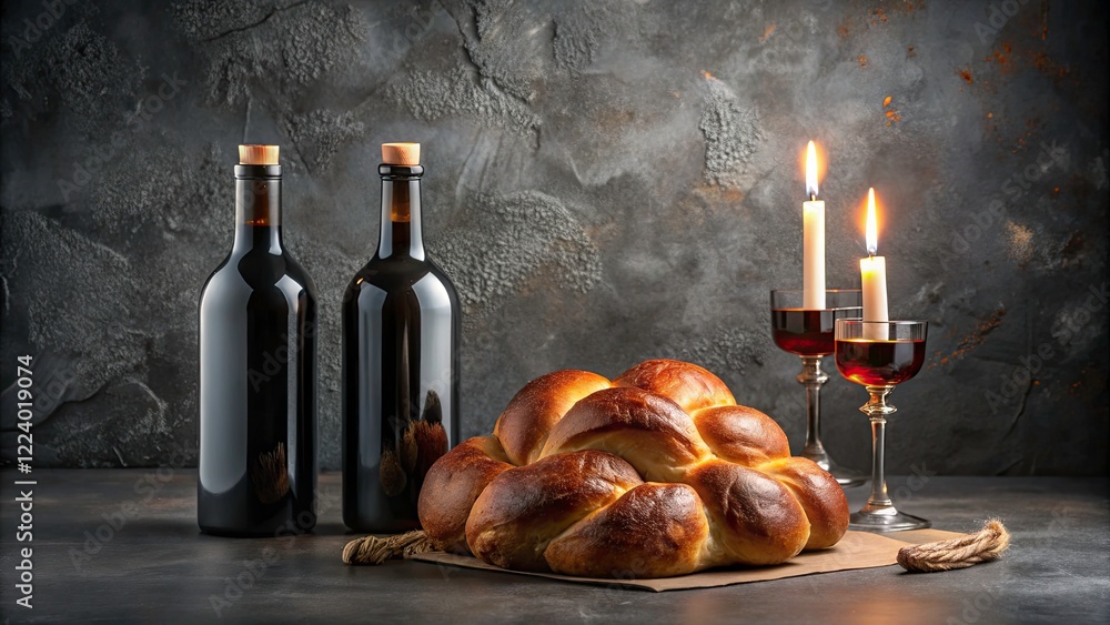 Obraz premium Minimalist Shabbat Table Setting with Challah Bread, Wine, and Candles on Dark Grey Background - Peaceful Religious Ritual Aesthetic for Jewish Traditions and Celebrations