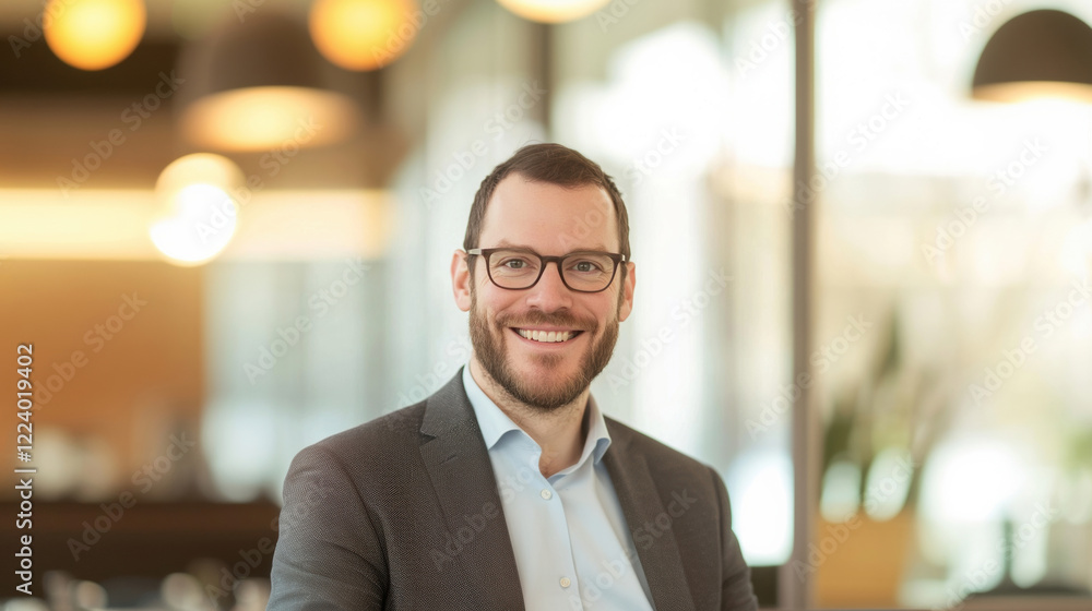 A confident businessman with glasses smiling in a modern office environment, looking professional and successful. A confident businessman with glasses smiling in a modern office environment, looking professional and successful.