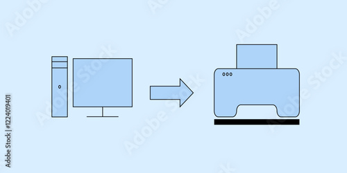 Graphic of computer and printer output. 2D icon of hardware output. Vector design.
