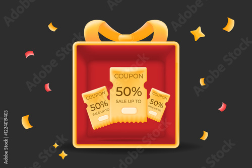 Golden 50% discount coupons in a 3d gift box product showcase mockup with festive confetti.  promotions, special offers, and holiday sales. commerce and marketing illustration for deals and discounts
