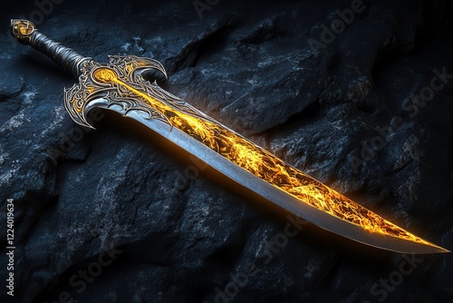 Flame of the West Sword Resting on a Dark Surface With Intricate Designs and Glowing Blade. Generative AI photo