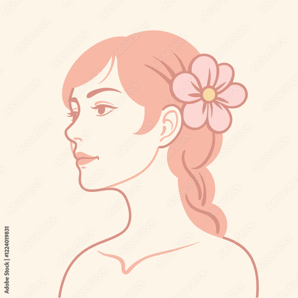 Elegant and Beautiful Woman’s Head with Braid and Flower for International Women's Day Elegant and Beautiful Woman’s Head with Braid and Flower for International Women's Day
