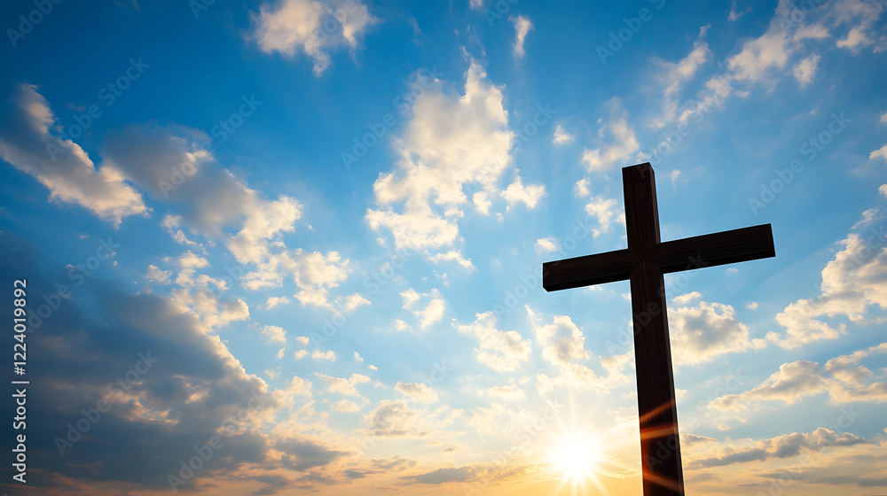 Blue Sky Backdrop Highlighting Hopeful Cross Symbolizing Higher Faith : Generative AI Blue Sky Backdrop Highlighting Hopeful Cross Symbolizing Higher Faith : Generative AI