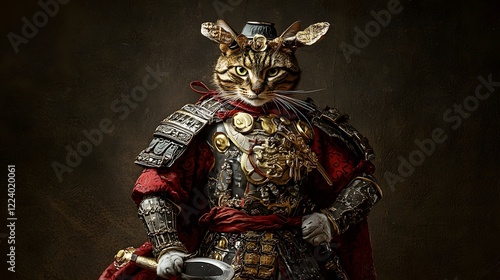 Fierce and Formidable Bengal Cat Warrior Adorned in Intricate Traditional Chinese Inspired Armor Showcasing a Captivating Blend of Feline and Mythical Warrior Aesthetics photo