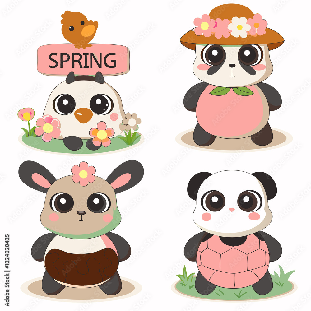Cute spring animals bird, panda, bunny, turtle. Cute spring animals bird, panda, bunny, turtle.