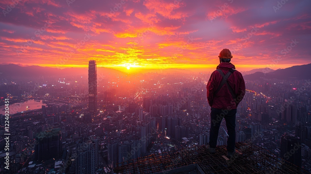 Fototapeta premium Contemplating the Cityscape: A Construction Worker's Sunset View
