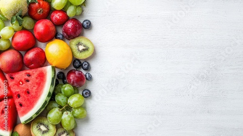 Fresh summer fruits on white wood, copy space, healthy eating photo