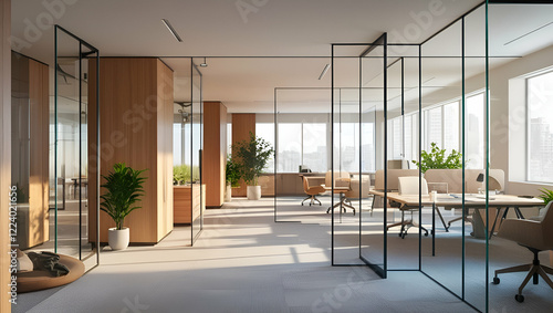 Modern office interior with sleek glass partitions, natural wooden walls, and ergonomic, minimalistic furniture in a spacious, sunlit workspace