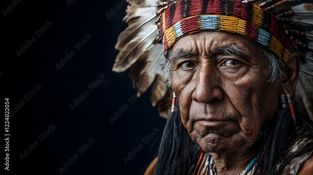 Naklejka premium Elderly Indigenous Man with Traditional Headdress in Dark Portrait : Generative AI