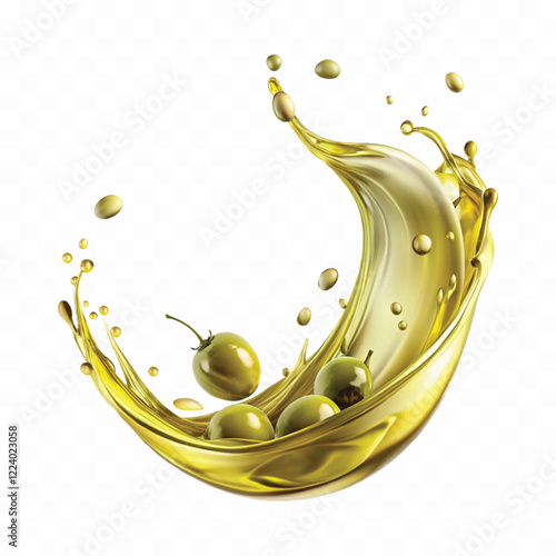 realistic 3d splash of olive oil with many drops in curve style isolated on white background 