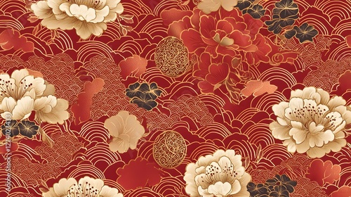 Vibrant Repeating Chinese New Year Pattern with Red and Gold Floral and Geometric Designs   Stylized Peony Flowers Clouds and Intricate Lattice Motifs in a Seamless Luxurious Background