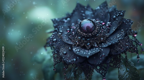 Dark rose with jewel, rain, garden; fantasy art, website header photo